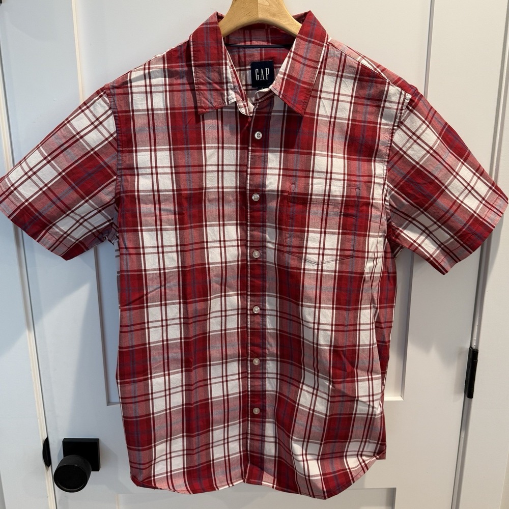 Gap Men's Button-Down Shirt Short Sleeve, Large, Brookside Plaid Scooter Red